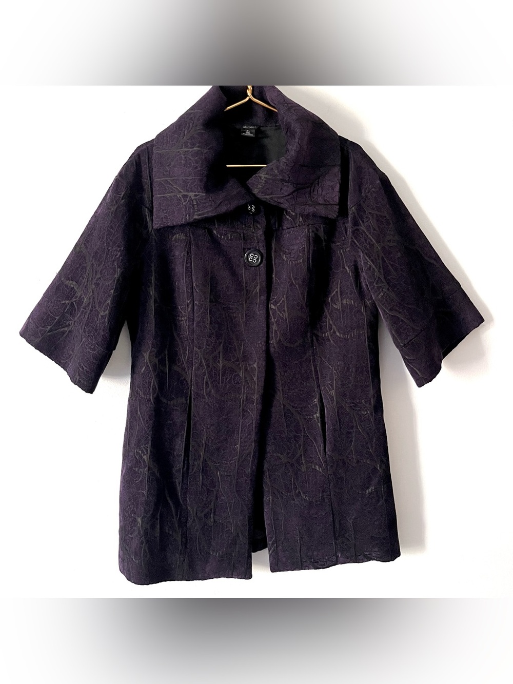 Ali Miles Rich Eggplant Purple 3/4-Sleeve Textured Statement Swing Coat Size 8